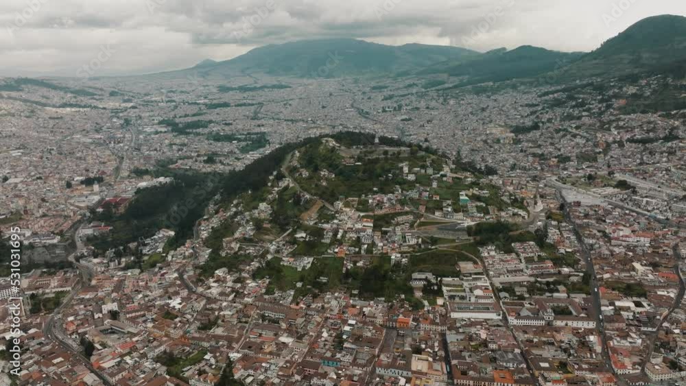 Panorama Of Quito Cityscape With El Panecillo Hill At The Center In Ecuador. Aerial Wide Shot Panorama Of Quito Cityscape With El Panecillo Hill At The Center In Ecuador. Aerial Wide Shot