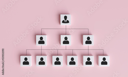 Human icon on square cube with line connecting position diagram. Concept of organizational structure, position chart, organizational management and human resource management. 3D rendering illustration