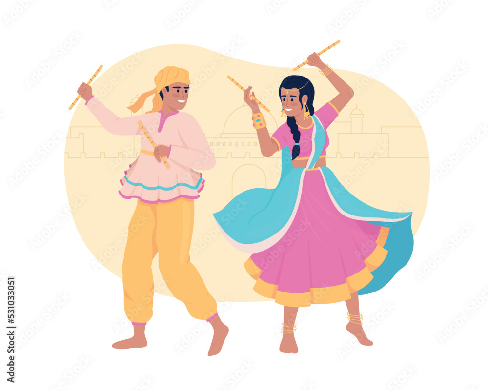 Garba dance with sticks on Diwali 2D vector isolated illustration. Couple dancing together flat characters on cartoon background. Colourful editable scene for mobile, website, presentation Garba dance with sticks on Diwali 2D vector isolated illustration. Couple dancing together flat characters on cartoon background. Colourful editable scene for mobile, website, presentation