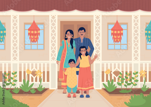 Family welcoming guests at front porch flat color vector illustration. Greeting visitors. Diwali festival tradition. Fully editable 2D simple cartoon characters with house exterior on background photo