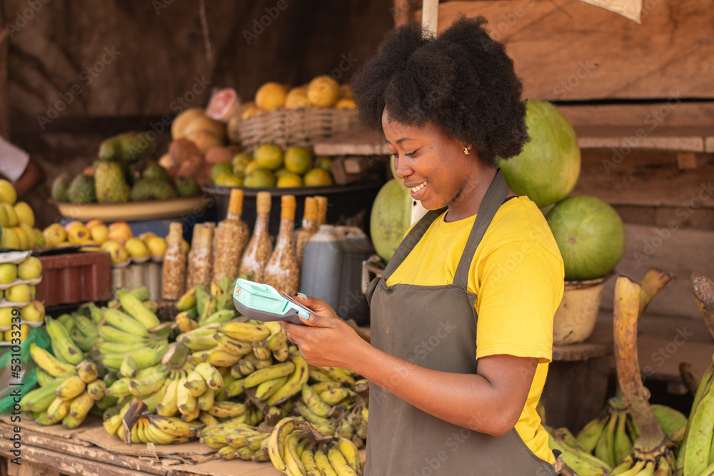 Obraz premium african lady in a market using a pos device