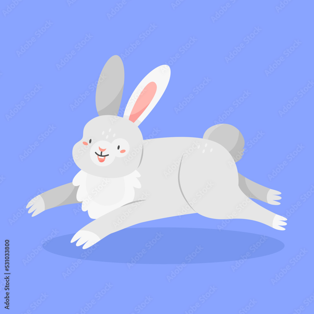 Obraz premium Cute running or jumping gray rabbit isolated on the background. Vector illustration with a hare character. 2023 is the year of the rabbit.