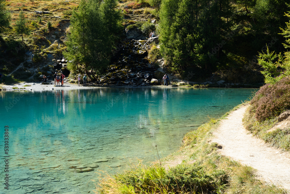 Gouille, Evolène, Switzerland - 09 11 2022: The fantastic Lac Bleu district, Switzerland