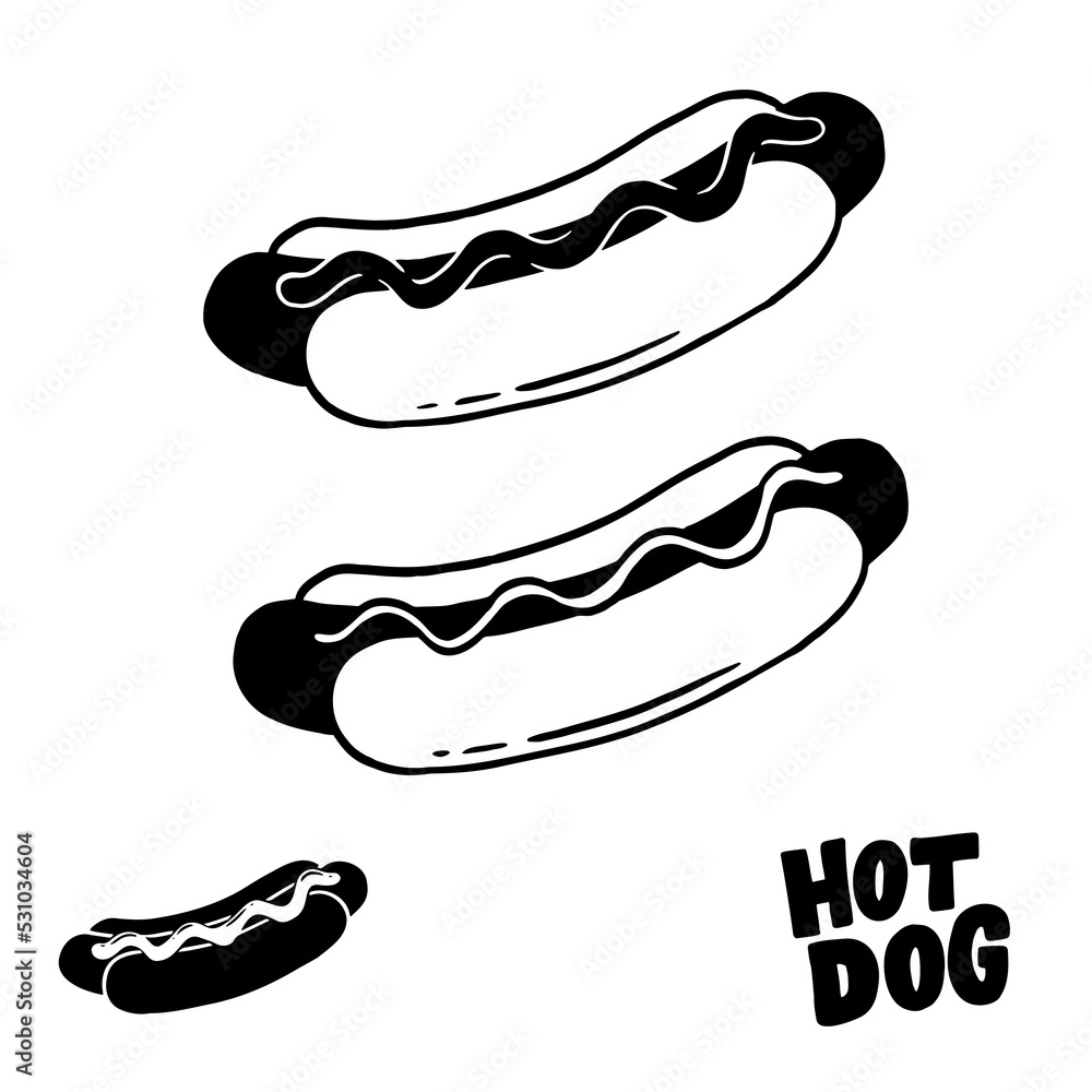 Hand drawn hotdog doodle. Tasty illustration of sausage with bun. Hand drawn hotdog doodle. Tasty illustration of sausage with bun.