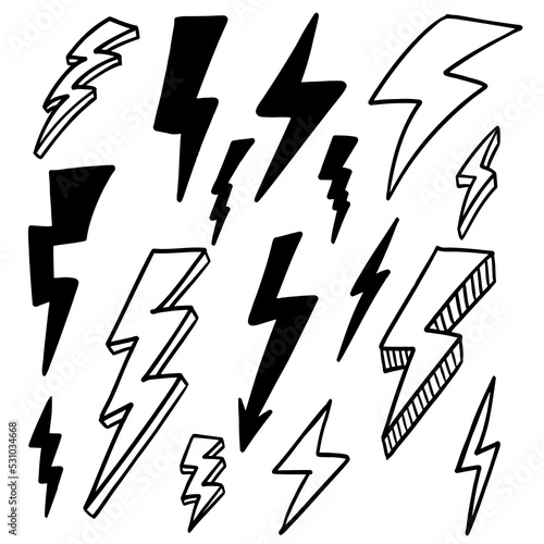 Hand drawn lightning and thunder bolts. Vector collection of drawn lightning illustrations. Sketch symbol electric lightning bolt.