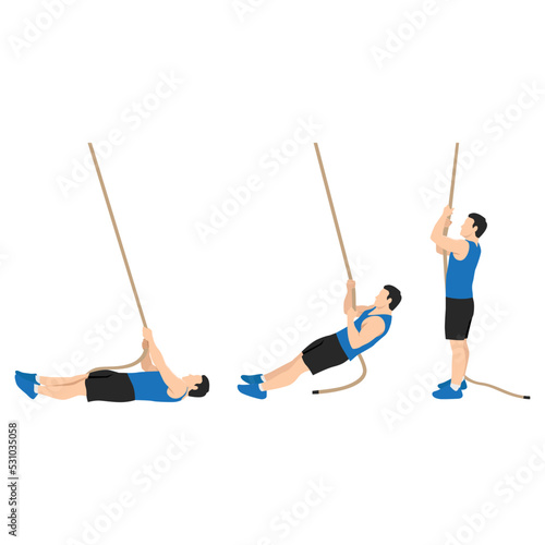 Woman doing Rope climbing lying to stand up exercise. Flat vector illustration isolated on white background