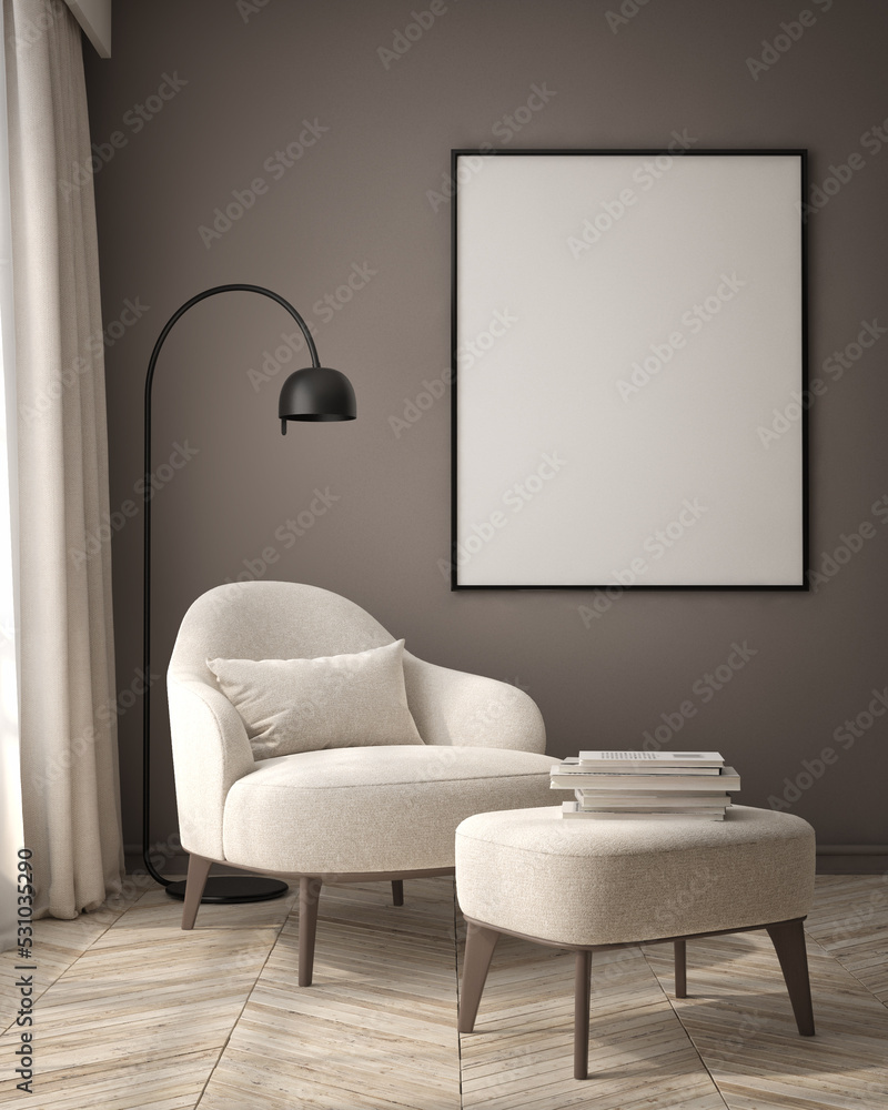 Fototapeta premium mock up poster frame in modern interior background, living room, Scandinavian style, 3D render, 3D illustration