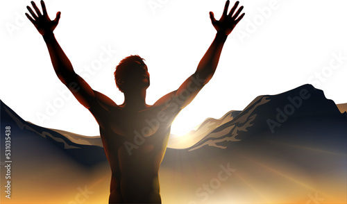 Man in silhouette arms rais...