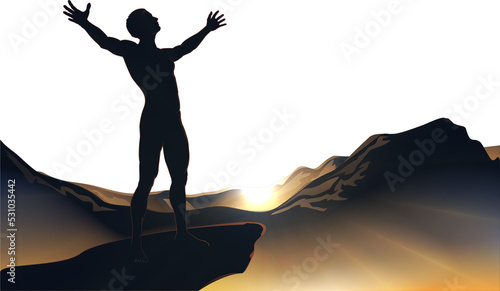 Man on mountaintop with arm...