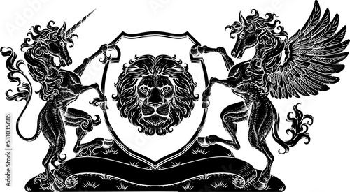 Coat of Arms Crest Pegasus Unicorn Lion Shield photo