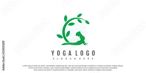Yoga logo design with leaf element premium vector