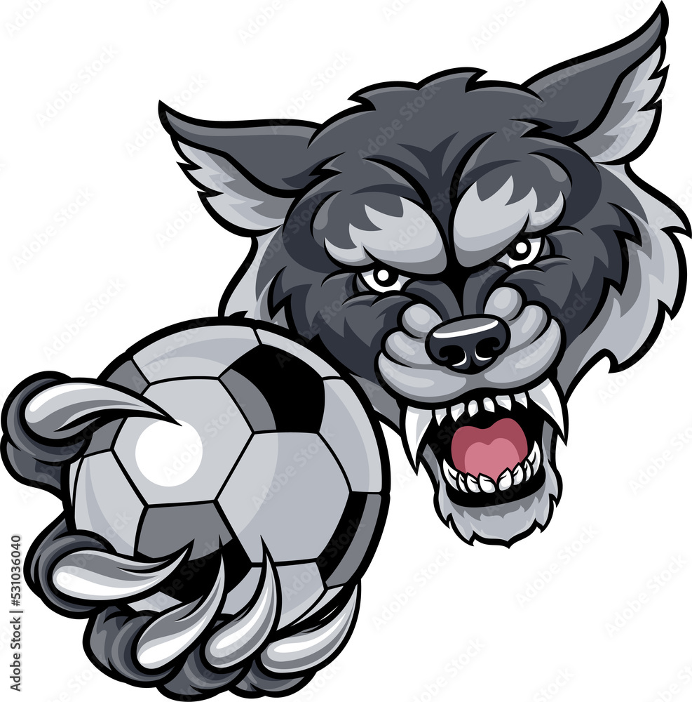 Fototapeta premium Wolf Holding Soccer Football Ball Mascot