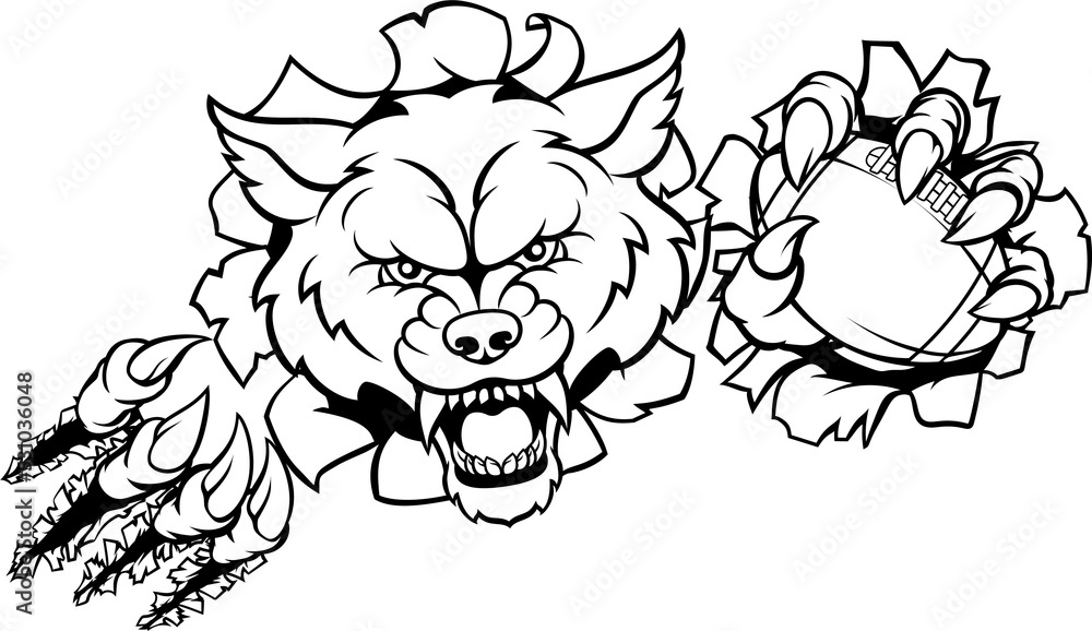Obraz premium Wolf American Football Mascot Breaking Background
