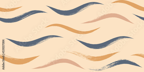 Seamless Wave Pattern, Hand drawn water modern vector background. Wavy beach brush stroke, curly grunge paint lines, watercolor illustration