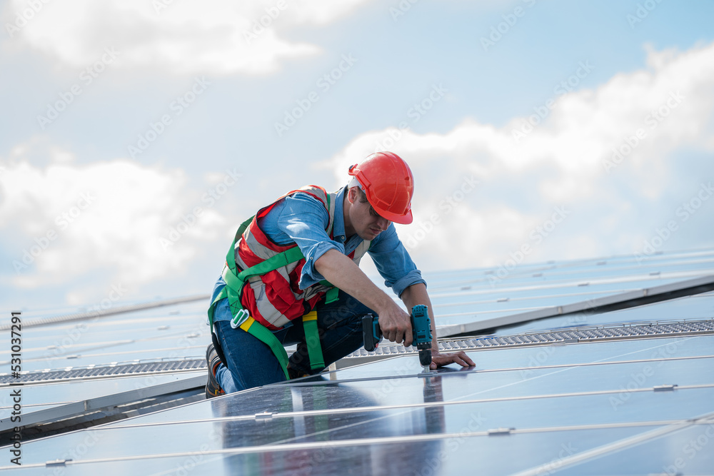 Electrical and instrument technician installation and maintenance electric system solar panel on the roof of factory,Service check installation solar cell. Electrical and instrument technician installation and maintenance electric system solar panel on the roof of factory,Service check installation solar cell.