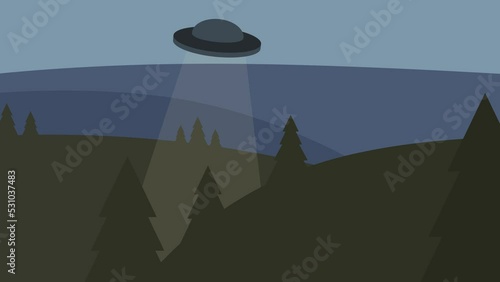 animation ufo flying saucer on the background of the forest. motion