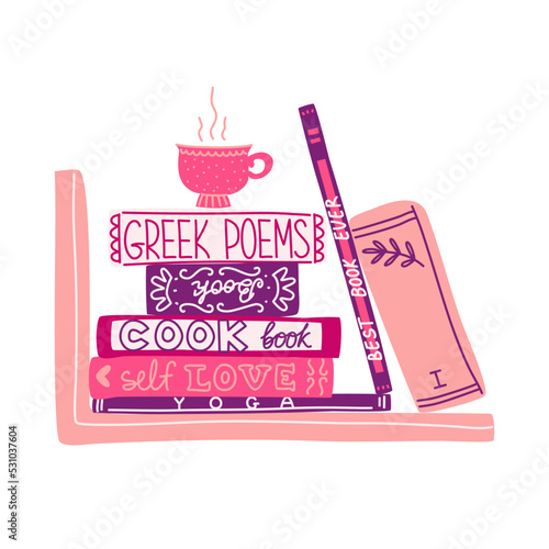 Cute little bookshelf with books and hot beverage mug. Vector hand drawn illustration. Love reading concept.