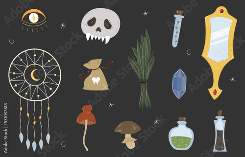 Set of witchcraft isolated doodles. Halloween stickers  hand drawn skull, mirror, mushrooms, potions, dream catcher. Vector magical witch illustration