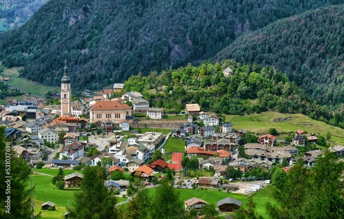View of the village of Castelrotto in the Dolomites, South Tyrol. Italy