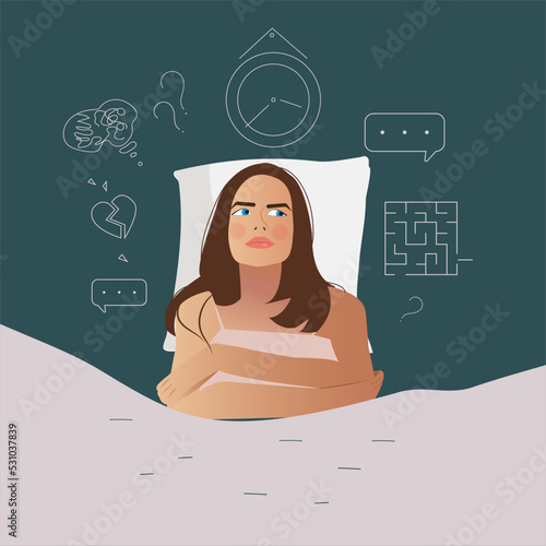 A young woman suffers from insomnia, the cause of mental problems, insomnia of ideas. The girl lies in bed, thinking about the deadlines, an upset event, cannot relax. Vector illustration of character