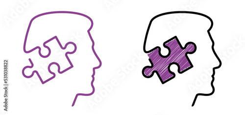 Head, face and jigsaw puzzle pieces. World alzheimer's day. People suffering from the brain disease and memory loss, for neurology, mental illness. Alzheimer disease symptoms. June or September