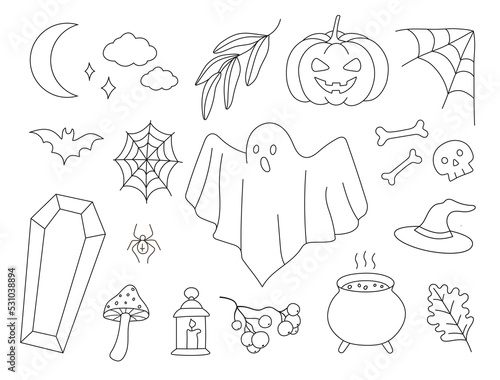 Vector outline collection of autumn halloween icons: pumpkin, ghost, moon, bat, spider, pot, sceleton, rowan, fallen leaves, mushrooms, web, candle, coffin, broomstick, bones. October set of holiday