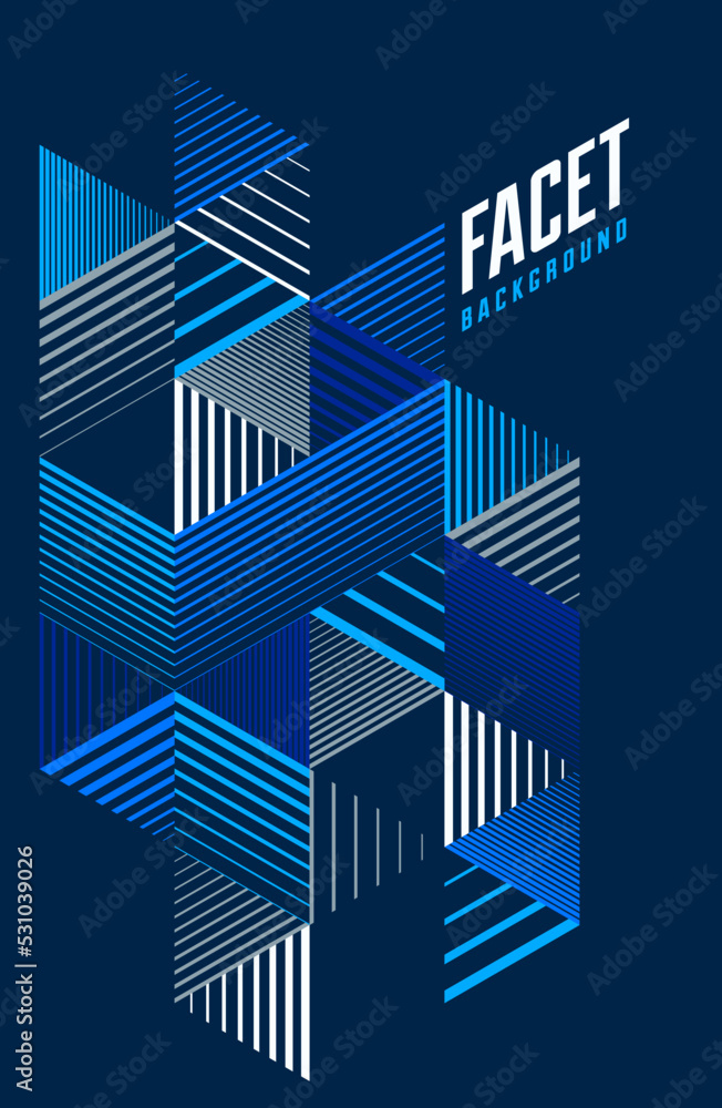 3D cubes and triangles lined stripy abstract vector background with retro style element isolated and easy to use or edit. Template for poster or banner, cover or ad.
