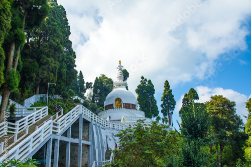 Japanese Shanti-Stupa or Peace Pagoda temple in the hills of Darjeeling, India.