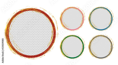 Circle Christmas frames with gold borders. Knit texture background. Round labels for sale banner