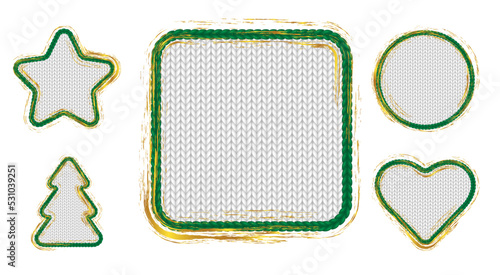 Green gold frames with knit texture for Christmas card template, holiday banner or sale flyer