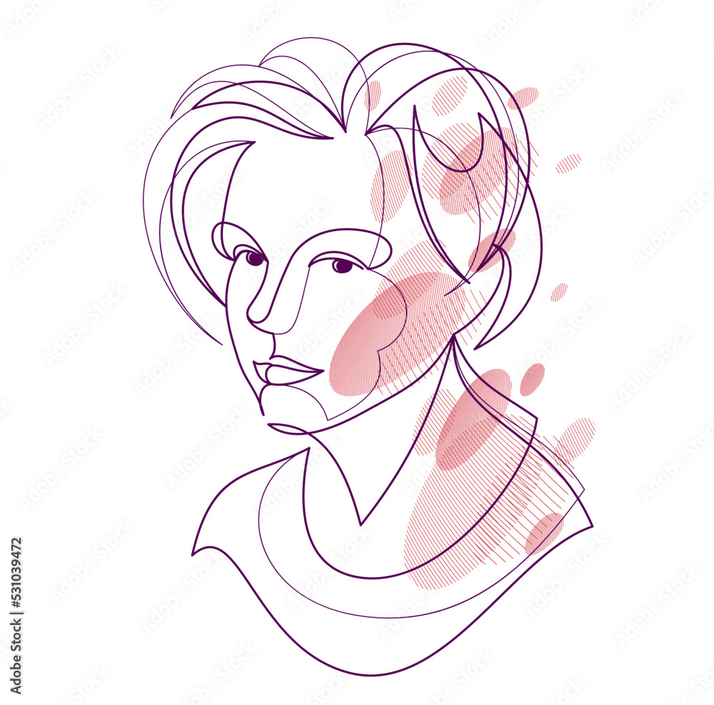 Beautiful face of attractive woman vector linear drawing, sensitive emotional line art adult girl portrait, feminine abstract face line art. Beautiful face of attractive woman vector linear drawing, sensitive emotional line art adult girl portrait, feminine abstract face line art.