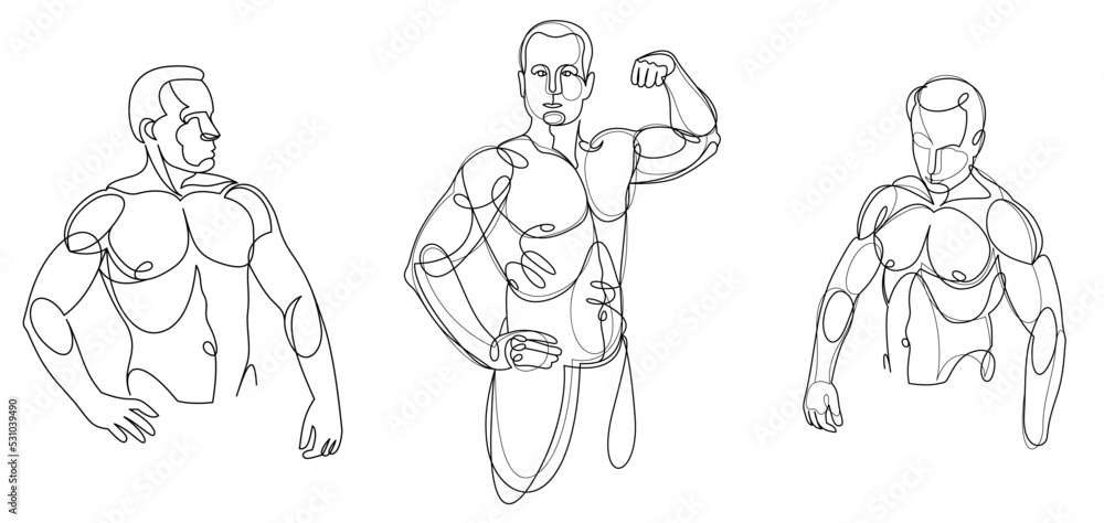 Athletic man torso vector linear illustrations set, male beauty with perfect muscular fit body posing, artistic drawings of fitness model.