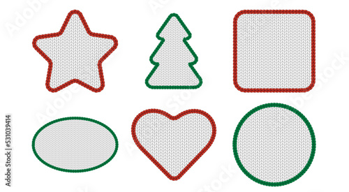 Red green Christmas labels with knit background and border. Greeting card template for Xmas festive. Winter patches vector