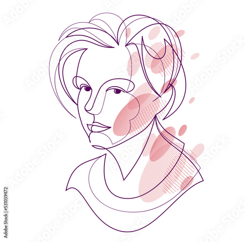 Beautiful face of attractive woman vector linear drawing, sensitive emotional line art adult girl portrait, feminine abstract face line art.