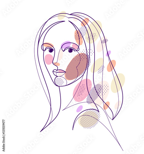 Beautiful face of attractive woman vector linear drawing, sensitive emotional line art adult girl portrait, feminine abstract face line art.