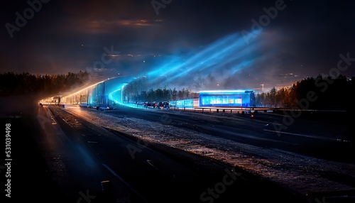 Road leading to modern illuminated night city. Forward concept, 3d render, Raster illustration.
