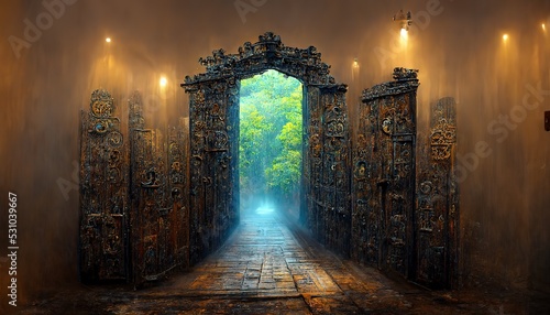 an open portal to an alien world in a deep green forest. Ancient gate to a distant place. Magic of ancient peoples. 3d render, Raster illustration.