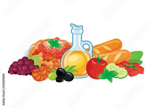 Mediterranean food still life vector. Pile of fresh healthy food icon isolated on a white background. Healthy diet lifestyle design element. Olive oil, fruits, vegetables, seafood and carbohydrates