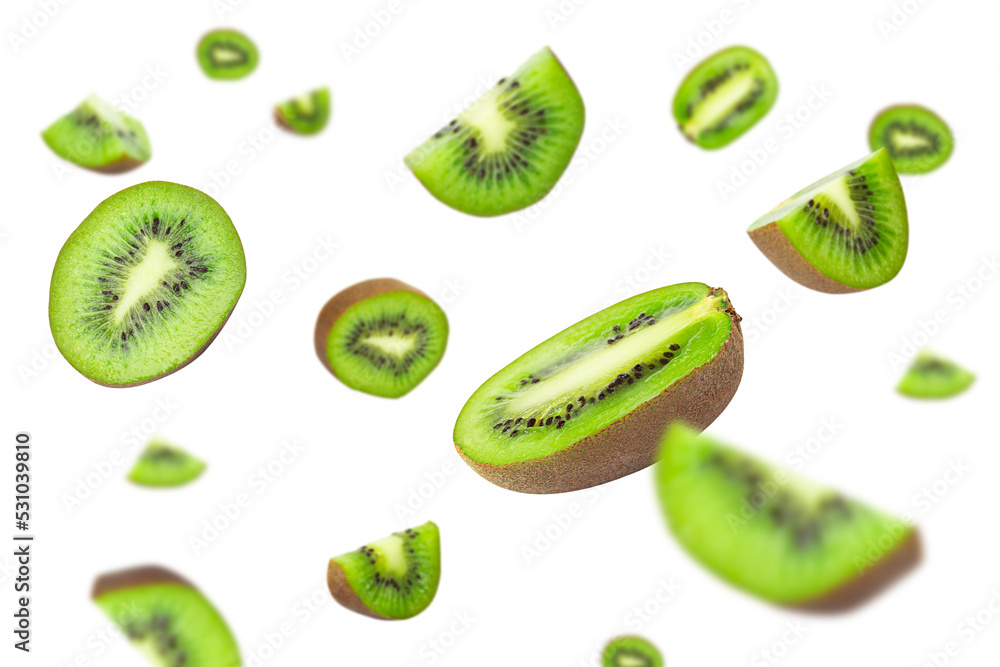Fototapeta premium Creative falling kiwi fruit layout. Food concept. copy space. Kiwi in flight background for design and packaging. flat lay