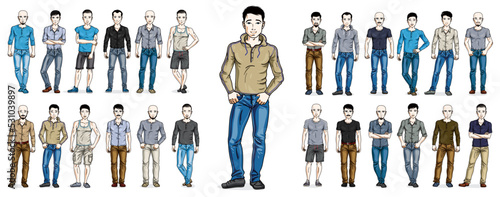 Handsome men in casual wear standing and posing vector illustrations big set isolated on white background, attractive gorgeous males in full body length people characters collection.