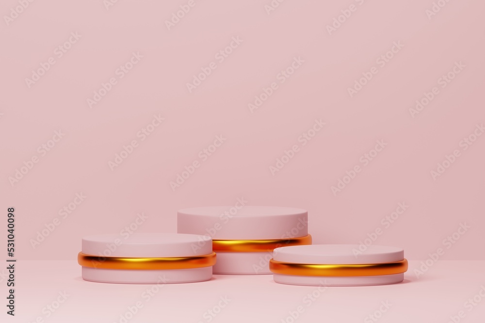 Pink podium pedestal in cylinder shape with golden ring on background. Beauty product showcase or display, cosmetic stand. 3d rendering Pink podium pedestal in cylinder shape with golden ring on background. Beauty product showcase or display, cosmetic stand. 3d rendering
