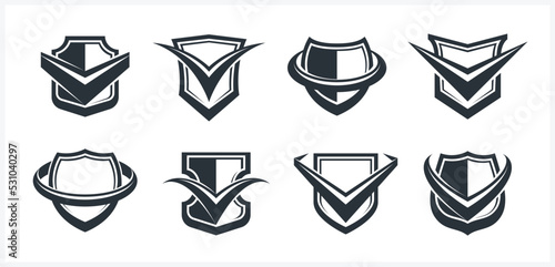 Set of different designs of shields for branding, ammo protection symbols collection, antivirus or sport theme, insurance or guarantee.