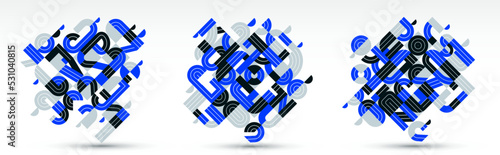 Dynamic messy abstract vector design compositions set, blue minimal lined modern art collection, stylish geometry elements, isolated over white.