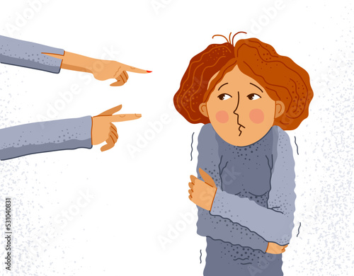 Shaming and blaming vector concept, hand pointing finger on young girl woman feeling uncomfortable and scared, discrimination problem of cruel and intolerant behavior in social groups.