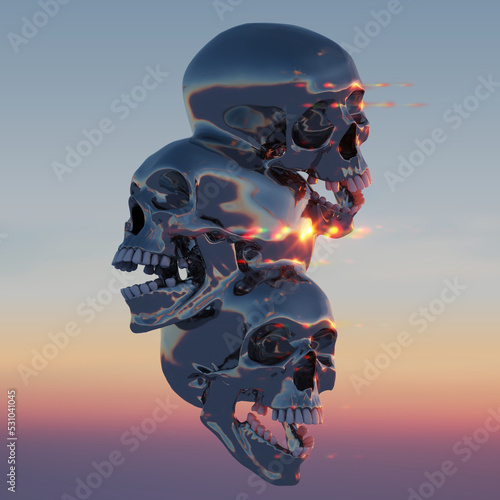 Abstract illustration from 3D rendering of a sculpture made of 3 fused shiny chrome metal skulls isolated on sunset sky gradient background.