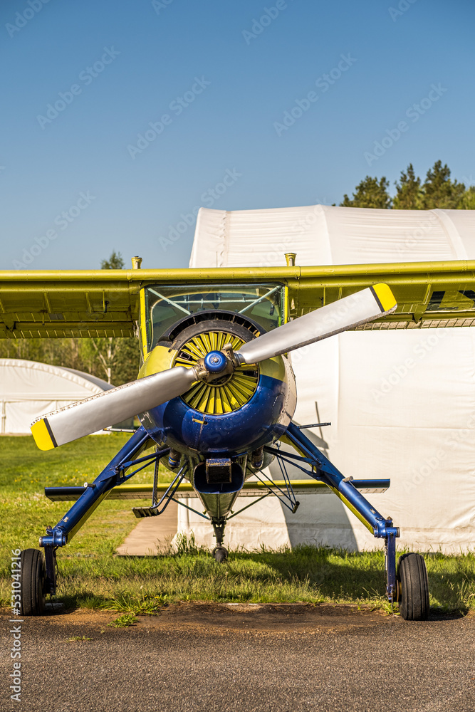Parked small plane at a local airfield  - obrazy, fototapety, plakaty 