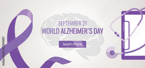 Alzheimer awareness banner with stethoscope and clipboard on white background with purple ribbon symbol. Vector flat illustration