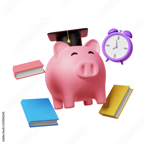 Piggy bank with graduation cap, books and clock isolated on white background. Money savings, invest in education or knowledge concept. Financial planning, bank loan for tuition cost. 3d rendering