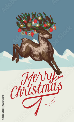 Reindeer with jumping with it's horns decorated in front of snowy mountains. Merry Christmas card vintage vector illustration.