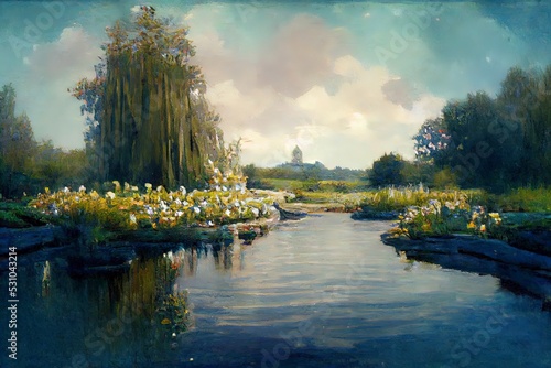 Tela A digital oil style painting of Monets garden and water lillies